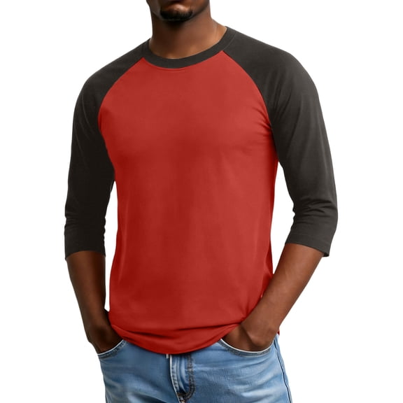 QHRMKOG Mens Tops Fashion Color Block 3/4 Length Sleeve Shirt Loose Fit Breathable Round Neck Tshirts 2026 Spring Outdoor Top Red S