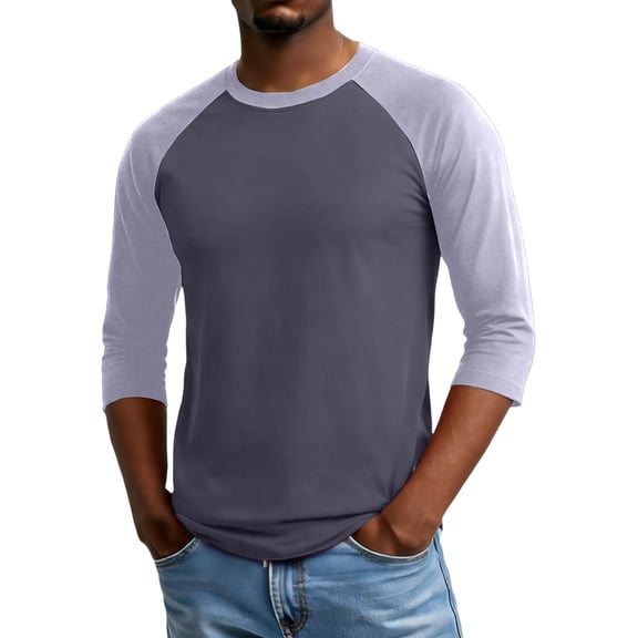 QHRMKOG Mens Tops Loose Fit 3/4 Length Sleeve Round Neck Tshirts Fashion Color Block Breathable Shirt 2026 Summer Outdoor Tops Gray 2XL