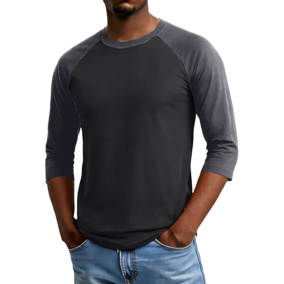QHRMKOG Mens Tops Trendy Color Block Three-Quarter Sleeve Shirt Relaxed Fit Breathable Crew Neck Tshirt 2026 Spring Street Top Gray M
