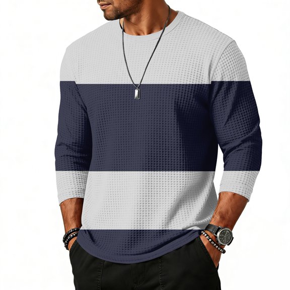 QHRMKOG Mens Tops Trendy Striped 3/4 Length Sleeve Shirts Relaxed Fit Breathable Crew Neck Tshirts 2026 Summer Outdoor Top Gray M
