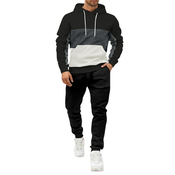 QHRMKOG Mens Track Suit 2-Piece Long Sleeve Color Block Hoodies and Sweatpants Sweatsuits Athletic Sets for Men Fashion Jogging Outfit Black XL