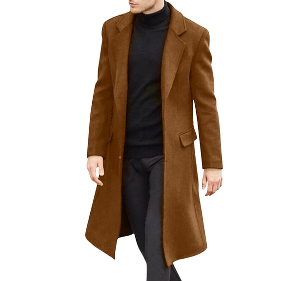 QHRMKOG Mens Trench Coat Tailored Fit Office Single Breasted Pea Coat Trendy Notched Lapel Long Trench Coat Fall Warm Coat with Pockets Brown L