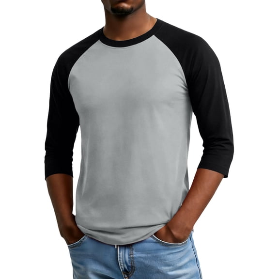 QHRMKOG Mens Tshirts Trendy Color Block 3/4 Length Sleeve Shirt Relaxed Fit Breathable Crew Neck Tshirt 2026 Summer Street Tops Gray 2XL