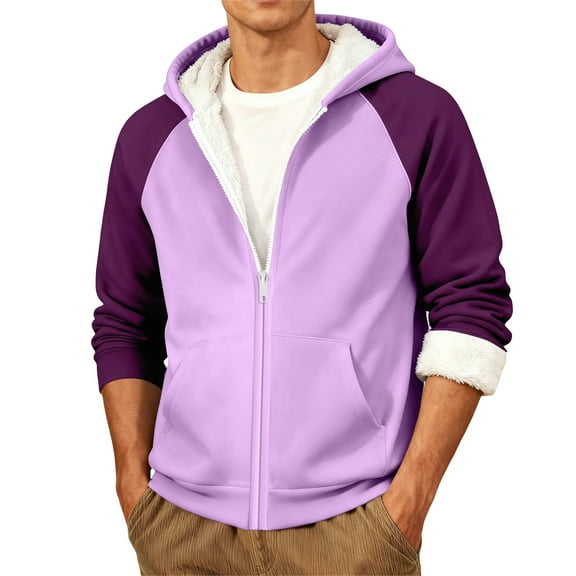 QHRMKOG Mens Winter Jacket Long Sleeve Full Zipper Warm Cotton Hoodie Big and Tall Color Block Sweatshirts with Pockets Casual Cozy Coats Purple L