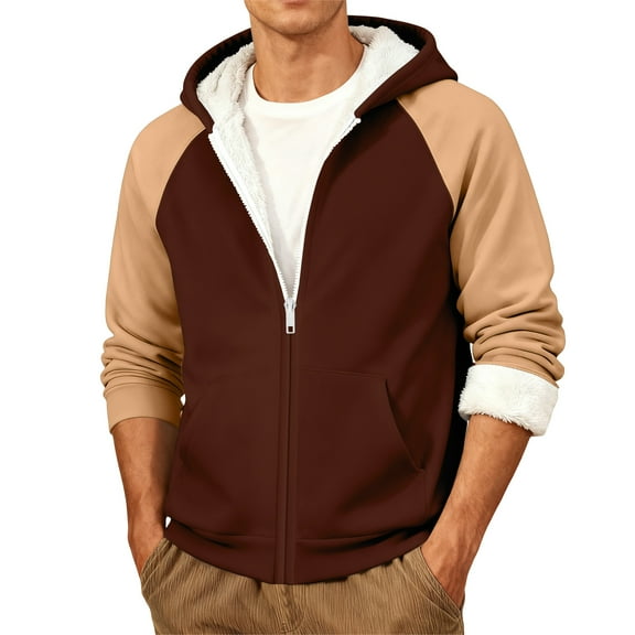 QHRMKOG Mens Winter Jacket Long Sleeve Zip Up Warm Fleece Hoodies Big and Tall Color Block Sweatshirt with Pockets Trendy Cozy Coat Brown S