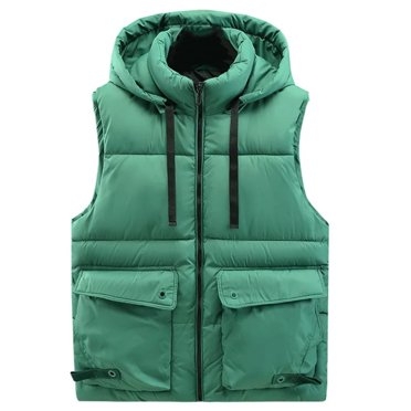 QHRMKOG Mens Winter Vest Casual Sleeveless Full-Length Zip Hooded Vests with Pockets Solid Color Drawstring Jackets Warm Outwear Green M
