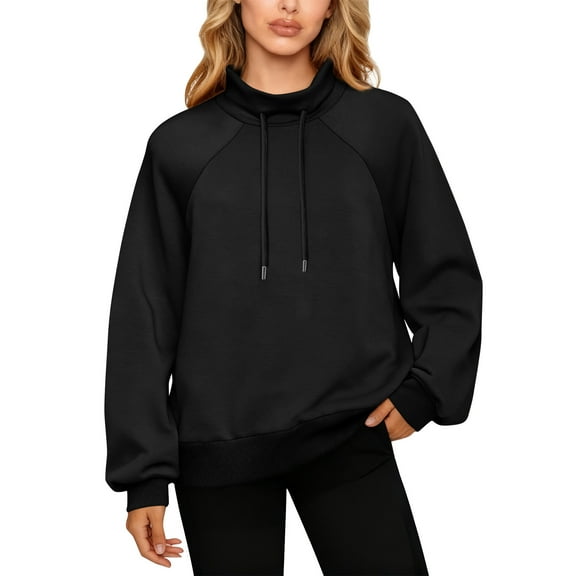 QHRMKOG Mock Neck Sweatshirt for Women Solid Color Full Length Sleeve Drawstring Sweatshirts Loose Fit Hoodies Fashion Top Black 2XL