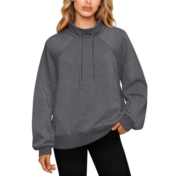 QHRMKOG Mock Neck Sweatshirts for Women Relaxed Fit Full Length Sleeve Drawstring Sweatshirt Basic Color Hoodies Casual Top Gray L