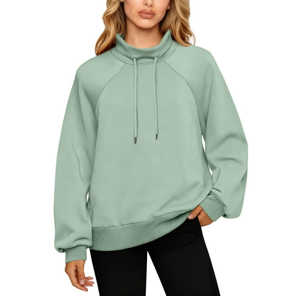 QHRMKOG Mock Turtleneck Sweatshirt Women Basic Color Full Length Sleeve Drawstring Sweatshirts Relaxed Fit Pullover Casual Top Green M
