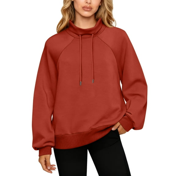 QHRMKOG Mock Turtleneck Sweatshirt Women Basic Color Long Sleeve Drawstring Sweatshirts Relaxed Fit Pullover Trendy Tops Brown XL