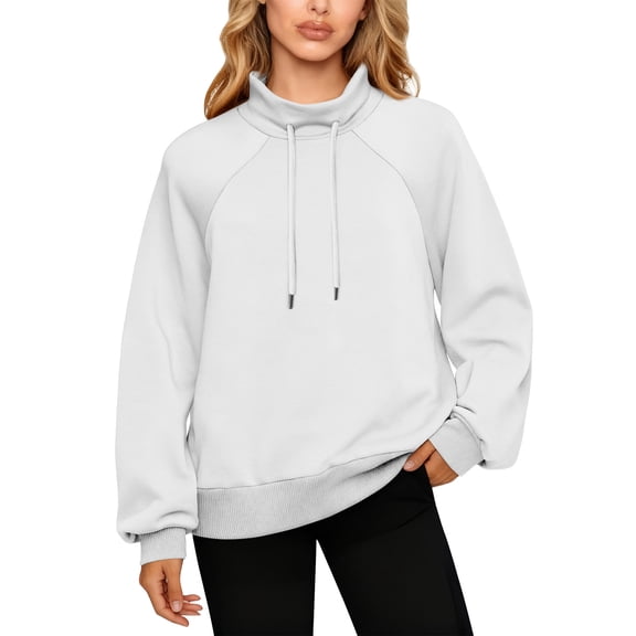 QHRMKOG Mock Turtleneck Sweatshirt Women Solid Color Full Length Sleeve Drawstring Sweatshirts Relaxed Fit Pullover Casual Tops White 3XL
