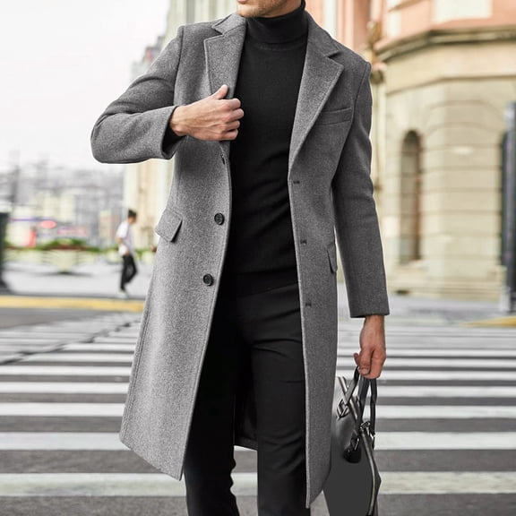 QHRMKOG Overcoat for Men Slim Fit Office Notched Collar Trench Coats Casual Long Single Breasted Pea Coat Fall Warm Coats with Pockets Gray 2XL