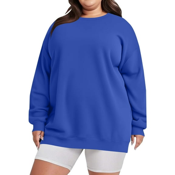 QHRMKOG Oversized Sweatshirts for Women Winter Casual Long Sleeve Round Neck Sweatshirt Solid Color Sweater Comfort Pullover Top(4XL-5XL) Blue XL
