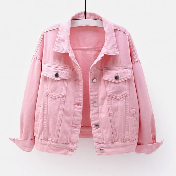 QHRMKOG Pink Women's Denim Jackets Fall Lightweight Crop Long Sleeve Jeans Jacket Button Down Solid Color Shacket Vintage Trendy Blazer Fashion Casual Coats with Pocket S