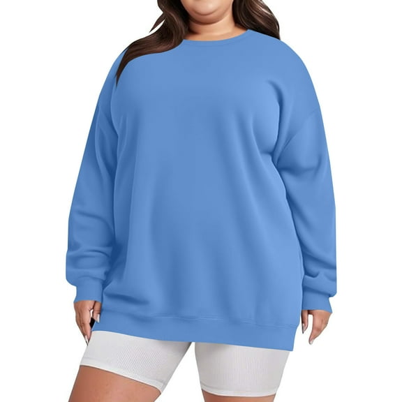 QHRMKOG Plus Size Sweaters for Women Fall Trendy Full Length Sleeve Crewneck Sweatshirt Solid Color Sweater Light Pullover Tops(4XL-5XL) Blue 4XL