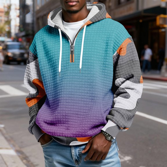 QHRMKOG Quarter Zip Hoodie Men Relaxed Fit Long Sleeve Drawstring Hooded Sweatshirts Fashion Plaid Hoodie Winter Warm Pullover with Pockets Blue 2XL