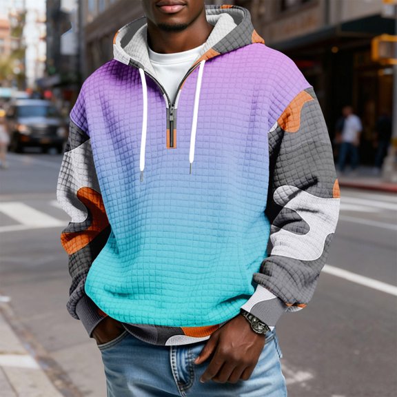 QHRMKOG Quarter Zip Pullover Men Loose Fit Long Sleeve Drawstring Hooded Sweatshirt Casual Plaid with Pockets Hoodie Qutumn Knit Shirts Purple XL