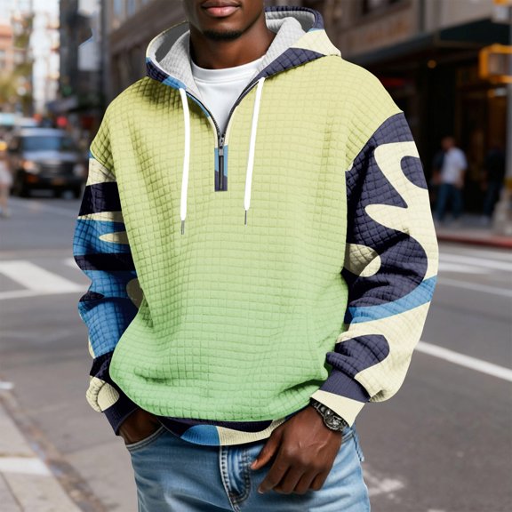 QHRMKOG Quarter Zip Pullover Men Loose Fit Long Sleeve Drawstring Hooded Sweatshirt Fashion Plaid with Pockets Hoodies Winter Knit Shirt Green 2XL