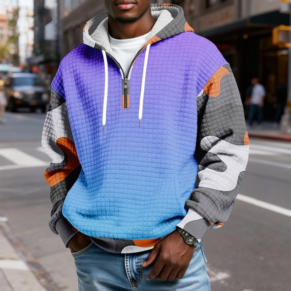 QHRMKOG Quarter Zip Pullover Men Loose Fit Long Sleeve Drawstring Hooded Sweatshirt Trendy Plaid with Pockets Hoodies Qutumn Knit Shirts Purple S