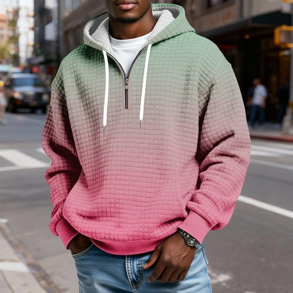 QHRMKOG Quarter Zip Pullover Men Loose Fit Long Sleeve Drawstring Hooded Sweatshirts Trendy Plaid with Pockets Hoodies Fall Knit Shirts Pink M