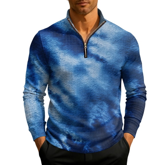QHRMKOG Quarter Zip Sweatshirt for Men Loose Fit Warm Stand Collar Pullover Gradient Print Sport Sweatshirt Fall Casual Long Sleeve Top Blue 2XL