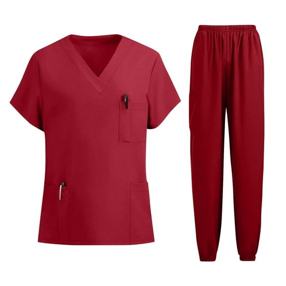 QHRMKOG Scrub Sets for Woman , Casual V Neck Top & Jogger Pants with Pockets Nurse Stretch Soft Uniform Functional Workwear Red 2XL