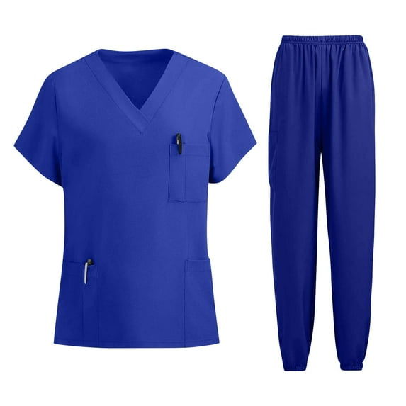 QHRMKOG Scrub Suits for Women , Comfort V Neck Top & Jogger Pants with Pockets Medical Nursing Stretch Soft Uniforms Work-Appropriate Workwear Blue L