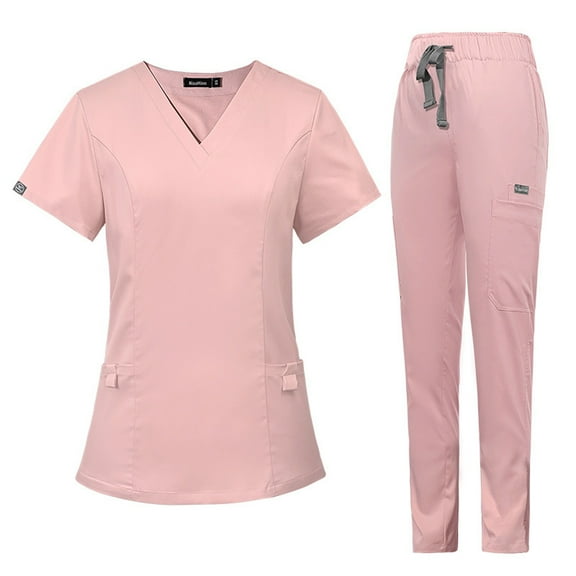 QHRMKOG Scrub Suits for Women , Modern V Neck Top & Jogger Pant with Pockets Nurse Stretch Soft Uniform Work-Appropriate Sets Pink XS