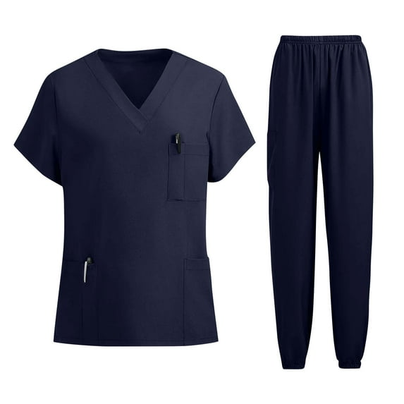 QHRMKOG Scrub Suits for Women , Modern V Neck Top & Jogger Pants with Pockets Medical Nursing Stretch Soft Uniform Work-Appropriate Workwear Blue S