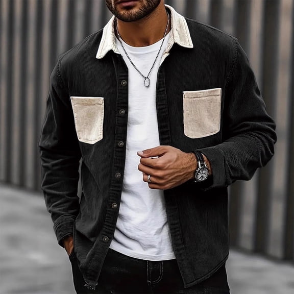 QHRMKOG Shacket Mens Color Block Long Sleeve Button Down Shirt Jacket Loose Fit Midweight Shackets Autumn Casual Warm Jacket with Pockets Black L