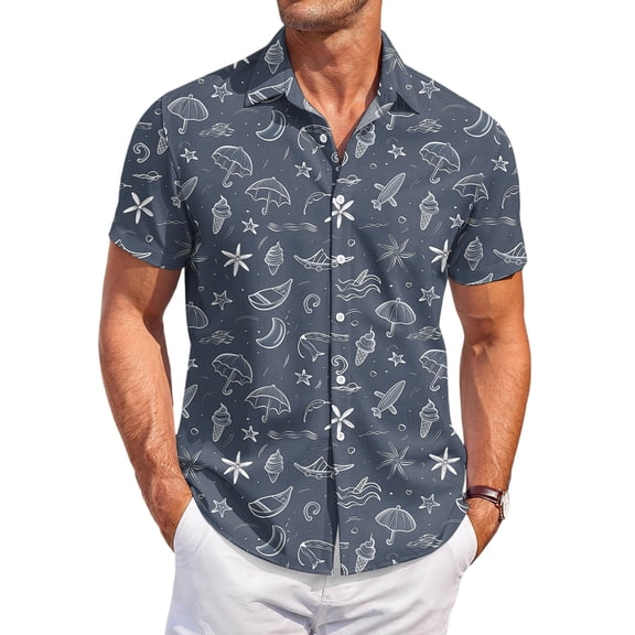 QHRMKOG Shirt for Men Loose Fit Tropical Print Short Sleeve Hawaiian Shirt Light Holiday Button Down Beach Shirts Summer Casual Shirt Blue L