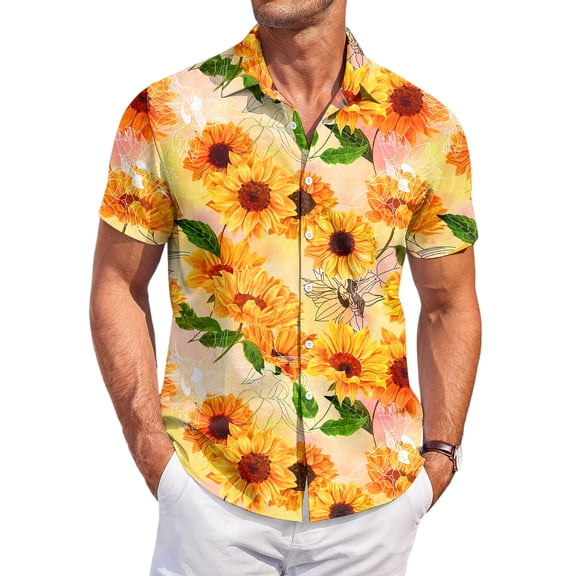 QHRMKOG Shirt for Men Loose Fit Tropical Print Short Sleeve Hawaiian Shirt Light Holiday Button Down Beach Shirts Summer Trendy Tops Gold 3XL