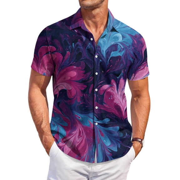 QHRMKOG Shirt for Men Relaxed Fit Tropical Print Short Sleeve Hawaiian Shirt Light Holiday Button Beach Shirt Summer Trendy Tops Purple XL