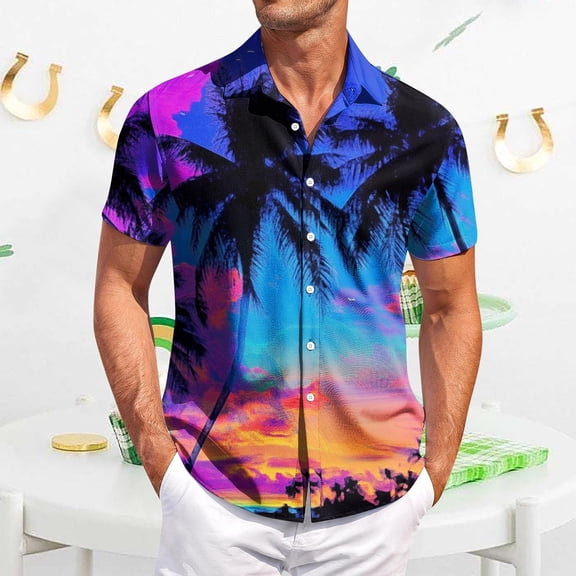 QHRMKOG Short Sleeve Shirts for Men Relaxed Fit Tropical Print Hawaiian Shirt Breathable Holiday Button Down Beach Shirt Summer Fashion Tops Purple XL