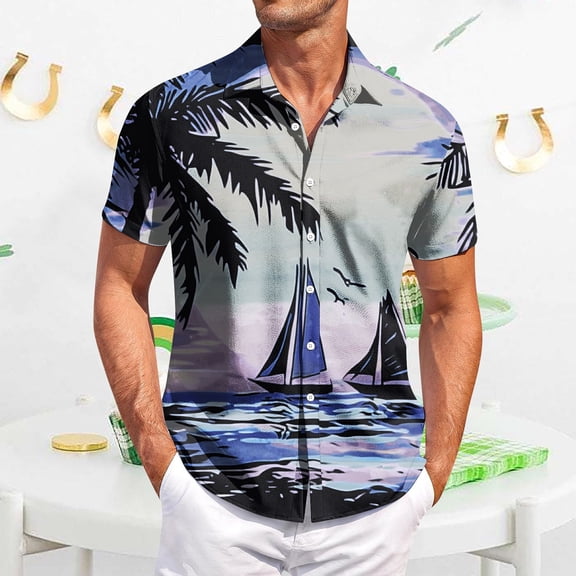 QHRMKOG Short Sleeve Shirts for Men Loose Fit Tropical Print Hawaiian Shirt Light Holiday Button Down Beach Shirt Summer Trendy Shirt Gray L