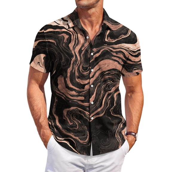QHRMKOG Short Sleeve Shirts for Men Loose Fit Tropical Print Hawaiian Shirts Breathable Holiday Button Beach Shirts Summer Fashion Tops Brown M