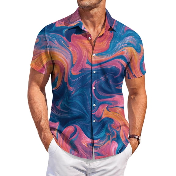 QHRMKOG Short Sleeve Shirts for Men Relaxed Fit Tropical Print Hawaiian Shirt Breathable Holiday Button Beach Shirts Summer Trendy Tops Pink 2XL