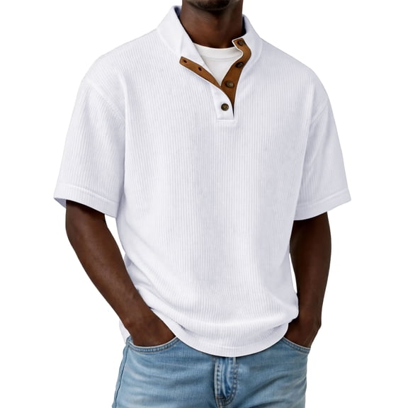 QHRMKOG Short Sleeve Shirts for Men Solid Color Ribbed Pullover Polo Shirt Summer Loose Fit Button Down Shirt 2026 Casual Gym Top White M