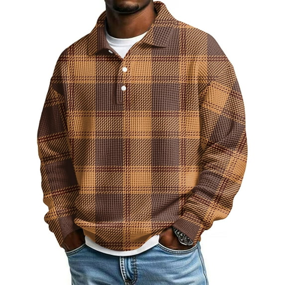 QHRMKOG Sweatshirt Men Vintage Button Plaid Shirt Pullover Loose Fit Casual Stand Up Collar Sweatshirt Fall Warm Long Sleeve Tops Yellow 5XL