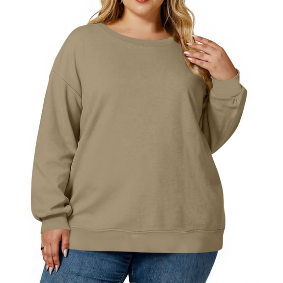 QHRMKOG Sweatshirt for Women Winter Oversized Full Length Sleeve Crewneck Sweatshirt Trendy Basic Color Sweaters Comfort Pullover Tops(4XL-5XL) Brown 3XL