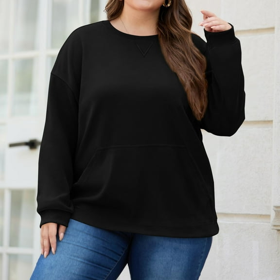 QHRMKOG Sweatshirt for Women Fall Plus Size Long Sleeve Crewneck Sweatshirt Fashion Solid Color Sweaters Light Pullover Top(4XL-5XL) Black 2XL