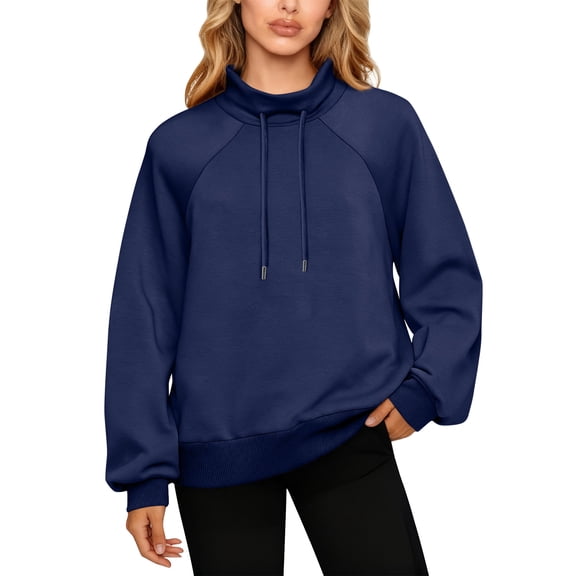 QHRMKOG Sweatshirt for Women Loose Fit Full Length Sleeve Drawstring Mockneck Sweatshirts Solid Color Pullover Fashion Top Blue 3XL