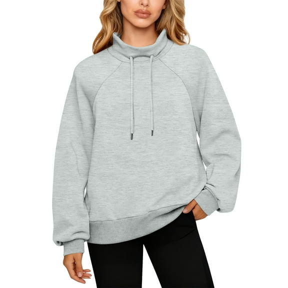 QHRMKOG Sweatshirt for Women Loose Fit Long Sleeve Drawstring Mockneck Sweatshirts Solid Color Hoodies Casual Top Gray M
