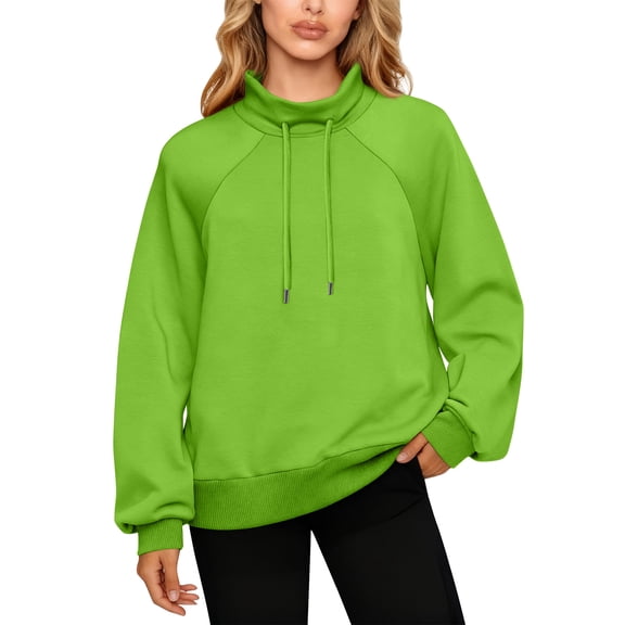 QHRMKOG Sweatshirt for Women Relaxed Fit Long Sleeve Drawstring Mockneck Sweatshirts Basic Color Pullover Trendy Tops Green L
