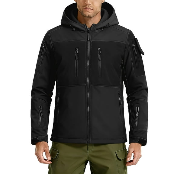 QHRMKOG Tactical Jacket for Men Outdoor Water Resistant Jackets Athletic Fit Color Block Windproof Hooded Coat Trendy Outwear Black L