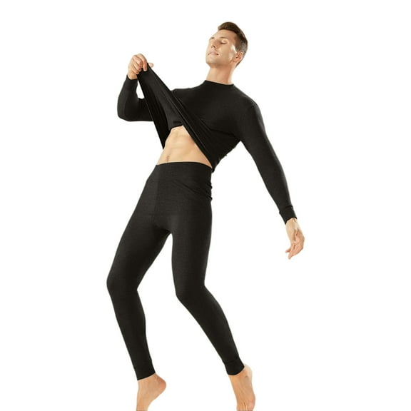 QHRMKOG Thermal Underwear for Men Set , Mens Cozy Cotton Lined Base Layer Sets Mens Long Johns Thermal Underwear Sets Winter Clohting Black 2XL