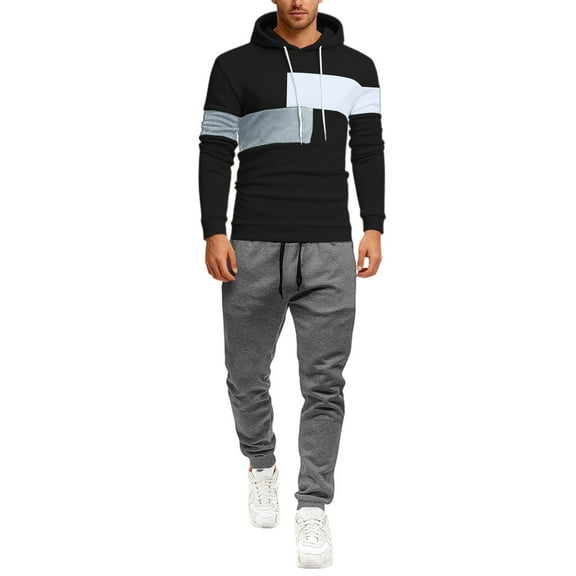 QHRMKOG Track Suits Mens Color Block Fleece Hoodie & Sweatpants Sweatsuits Athletic Jogging Set Trendy Outfits Black XL