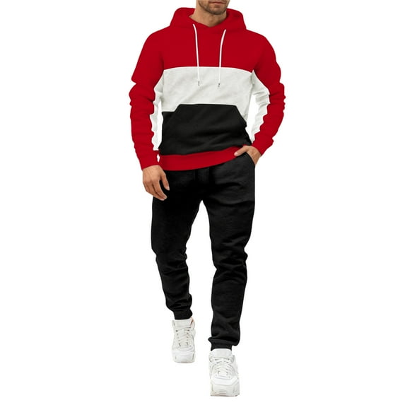 QHRMKOG Tracksuit Men 2-Piece Long Sleeve Color Block Hoodies with Sweatpants Sweatsuits Trainning Set for Men Fashion Jogging Outfit Red 3XL