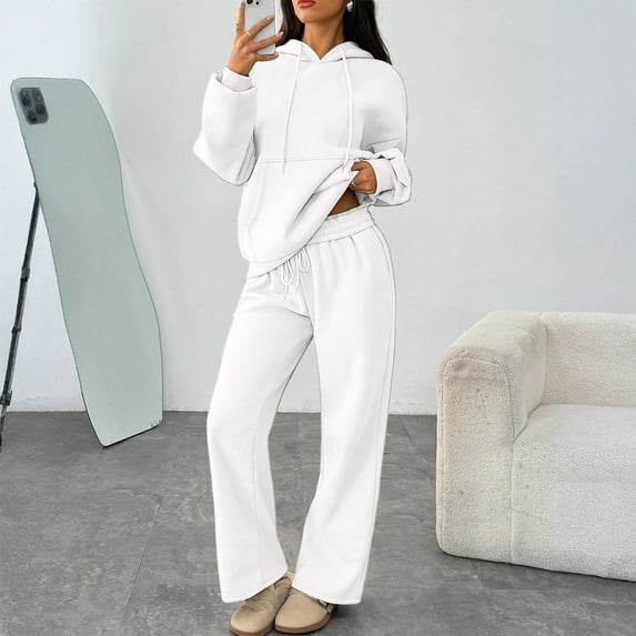 QHRMKOG Two Piece Sets for Women Loose Fit Long Sleeve Sweatshirt Wide Leg Pant Sweatsuit Solid Color Outdoor Tracksuit Auttumn Casual Outfit with Pockets White S