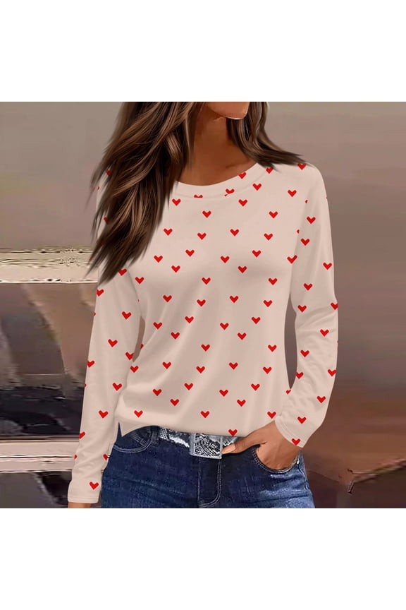 Valentine's Day Blouses for Women Romantic Love Heart Graphic Shirts Relaxed Fit Long Sleeve Crew Neck Tee Trendy Festival Top Pink M